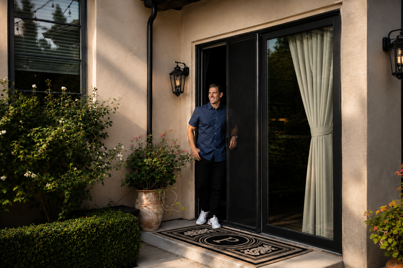 Homeowner stepping through a patio door with a retractable screen drawn at dusk
